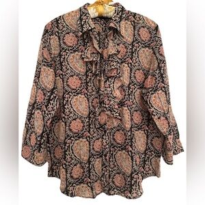 Lauren Ralph Lauren 100% Cotton Button Up Blouse Ruffle No Size Tag Equestrian